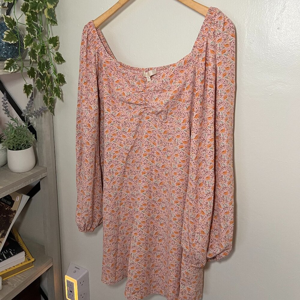 WAF Pink Floral Smocked Mini Dress Size M Boho Puff Sleeve